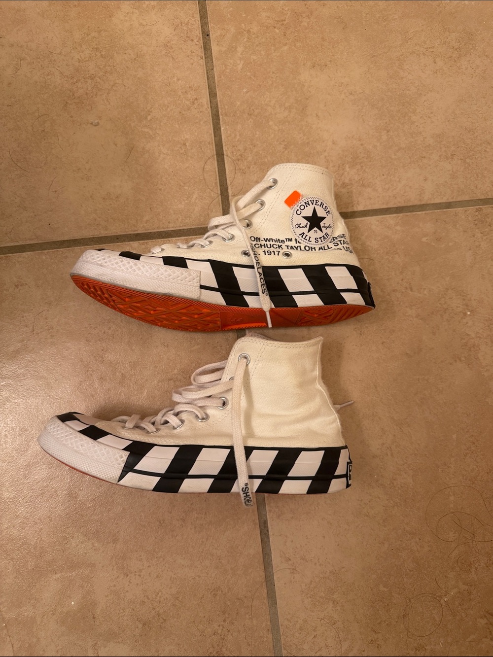 Off-White x Converse High-Top Sneakers in White with Black and Orange Accents